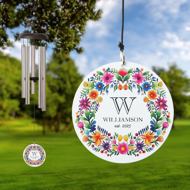 Mexican Folk Art Floral Monogram Wind Chime (Outdoor)