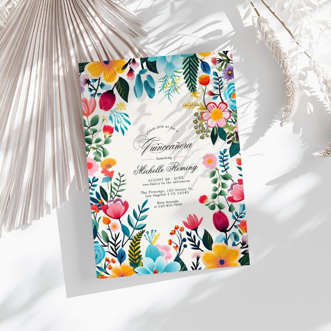 Mexican Folk Art Floral Quinceañera Photo Invitation (Mexican Folk Art Floral Quinceañera Photo Invitation)