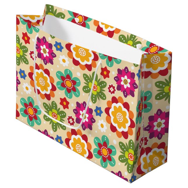 Mexican Folk Art Flowers Pattern Large Gift Bag (Front Angled)