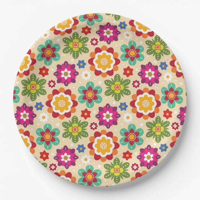 Mexican Folk Art Flowers Pattern Paper Plates (Front)