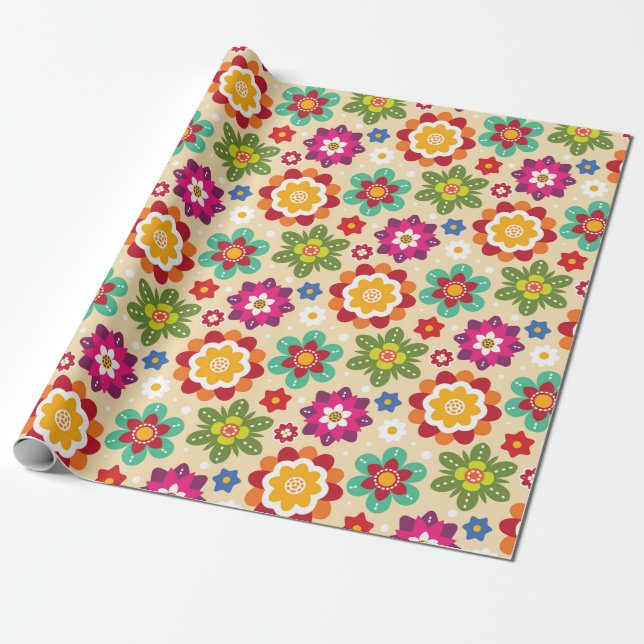 Mexican Folk Art Flowers Pattern Wrapping Paper (Unrolled)