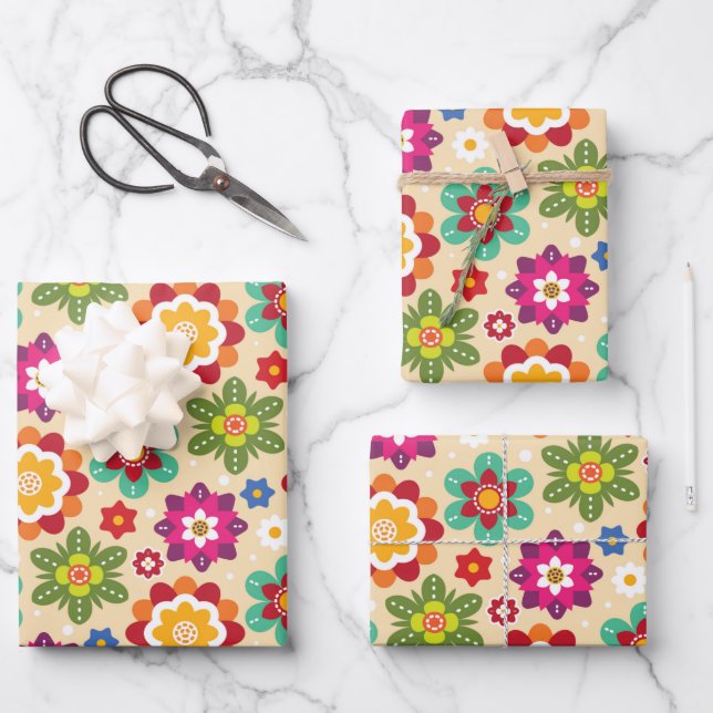 Mexican Folk Art Flowers Pattern Wrapping Paper Sheets (Front)