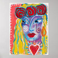 Mexican Folk Art Inspired Woman Red Roses Colorful Poster