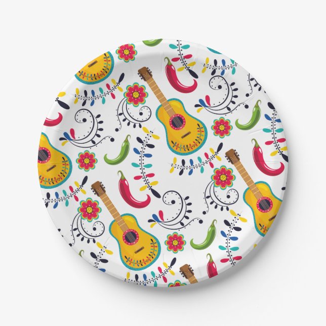 Mexican Folk Art Pattern Guitars Paper Plates (Front)