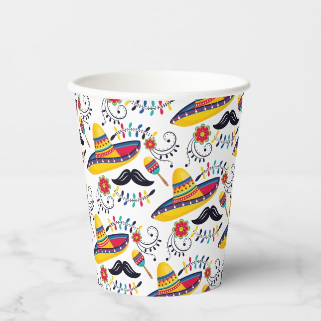 Mexican Folk Art Pattern Sombreros, Mustaches Paper Cups (Front)