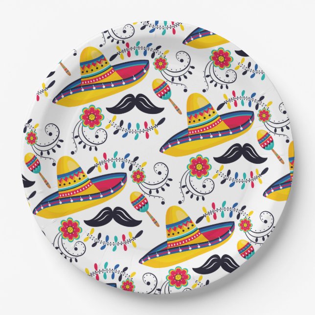 Mexican Folk Art Pattern Sombreros, Mustaches Paper Plates (Front)
