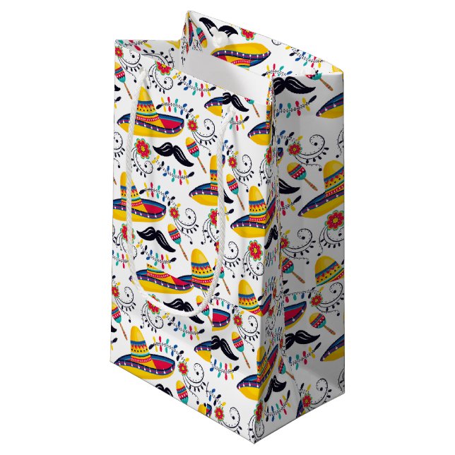 Mexican Folk Art Pattern Sombreros, Mustaches Small Gift Bag (Front Angled)