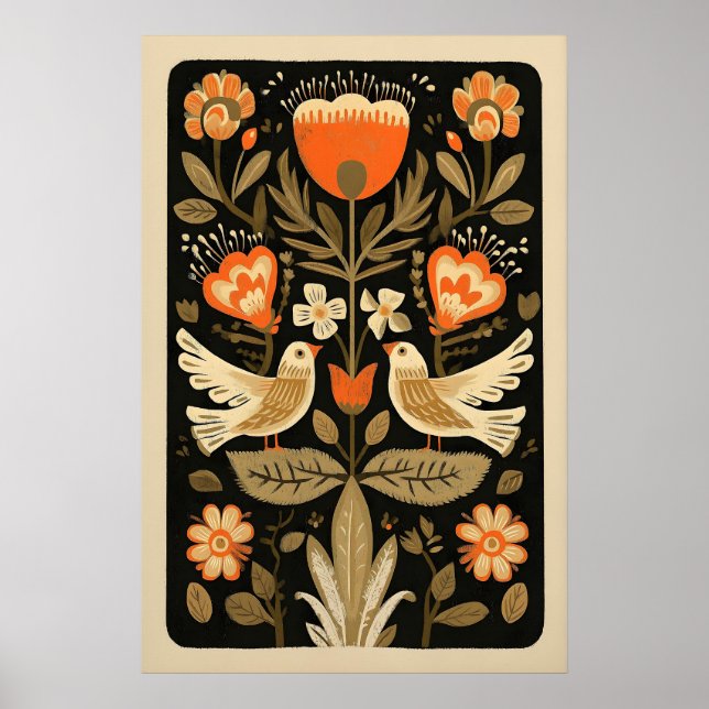 Mexican Folk Art Print Tree of Life Birds, Dark (Front)