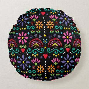 Mexican folk art seamless pattern, colorful design round pillow