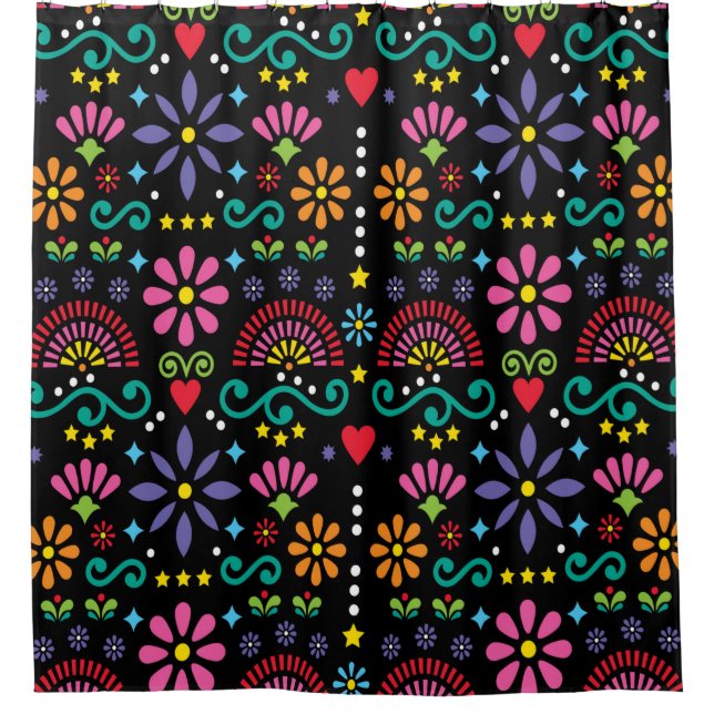 Mexican folk art seamless pattern, colorful design shower curtain (Front)