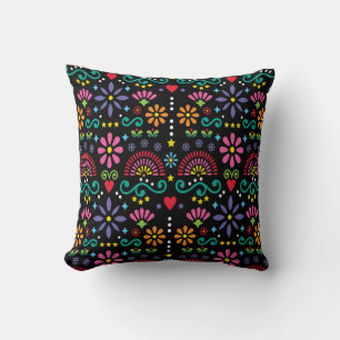 Mexican folk art seamless pattern, colorful design throw pillow