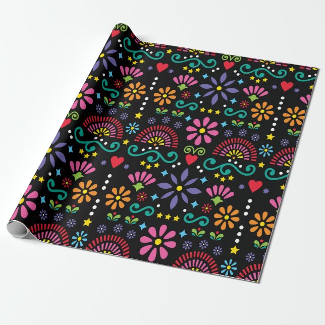 Mexican folk art seamless pattern, colorful design wrapping paper (Unrolled)