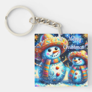 Mexican Folk Art Snowmen Snowman Personalized Keychain