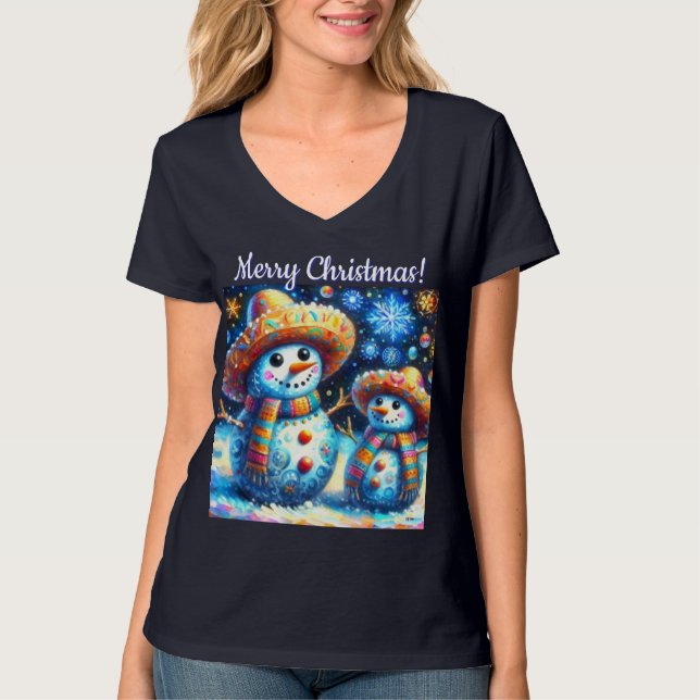 Mexican Folk Art Snowmen Snowman Personalized T-Shirt (Front)