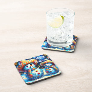 Mexican Folk Art Snowmen Snowman Snow People Beverage Coaster
