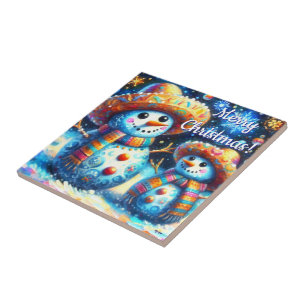 Mexican Folk Art Snowmen Snowman Snow People Ceramic Tile