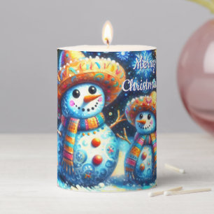 Mexican Folk Art Snowmen Snowman Snow People Pillar Candle