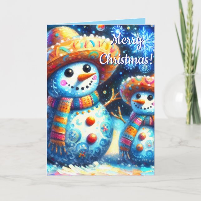 Mexican Folk Art Snowmen  Whimsical Holiday Fiesta Card (Front)