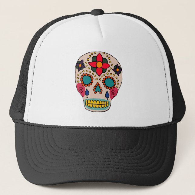 Mexican Folk Art Sugar Skull Trucker Hat (Front)