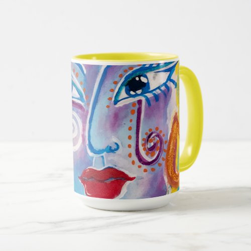 Mexican Folk Art Woman Red Roses Yellow Blue Lilac Mug