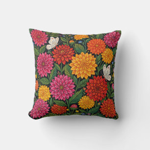 Mexican Folk Dahlia & Butterfly Throw Pillow