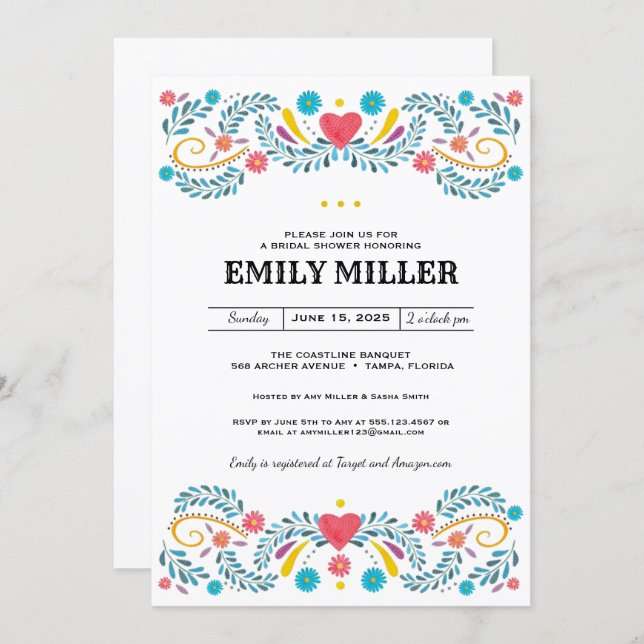 Mexican Folk Floral Embroidery Bridal Shower Invitation (Front/Back)