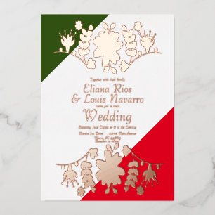 Mexican Folk Floral Heart Red Wedding Pressed Foil Invitation