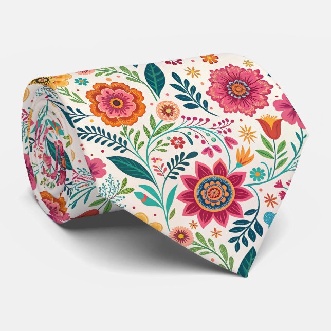 Mexican Folk Floral Pattern Tie (Rolled)
