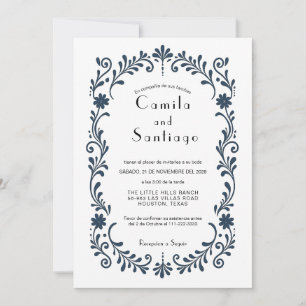 Mexican Folk Floral Wedding Invitation Navy Elegan