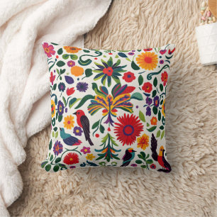 Mexican folk flowers and birds throw pillow