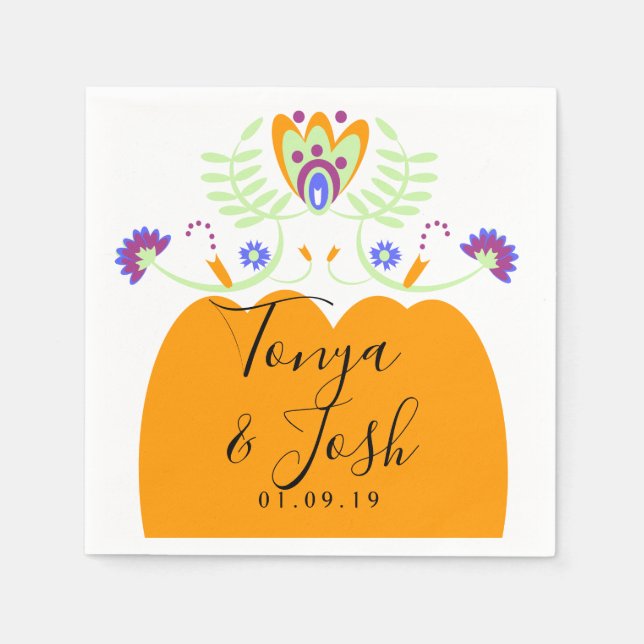 Mexican Folk Flowers Wedding | Halloween Pumpkin Napkins (Front)