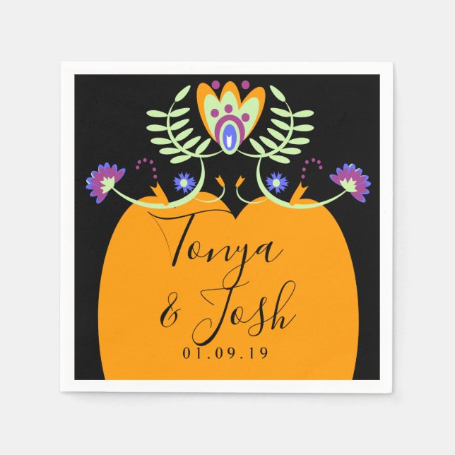 Mexican Folk Flowers Wedding | Halloween Pumpkin Napkins (Front)