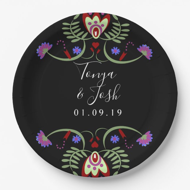 Mexican Folk Flowers Wedding | Mini Heart Paper Plates (Front)