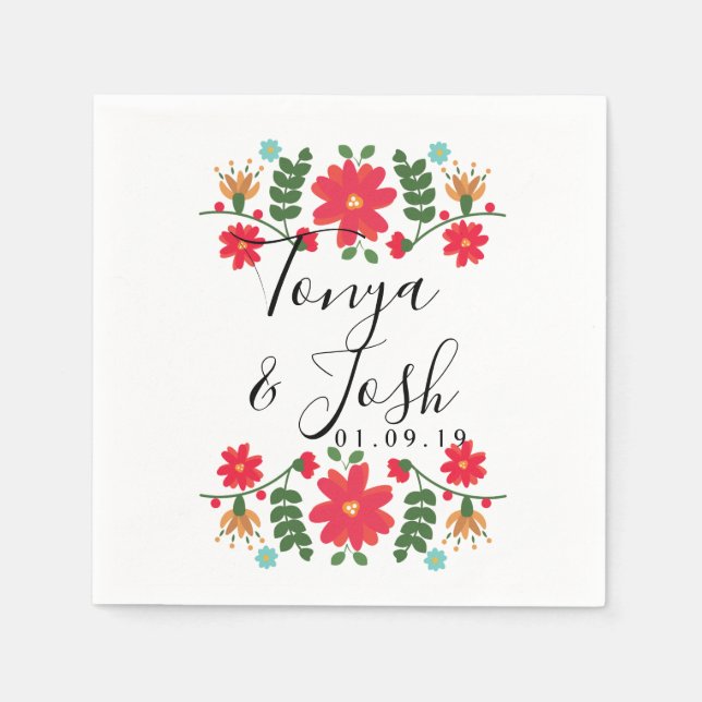 Mexican Folk Flowers Wedding Napkins (Front)