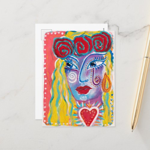 Mexican Folk Inspired Colorful Woman Whimsical Art Postcard