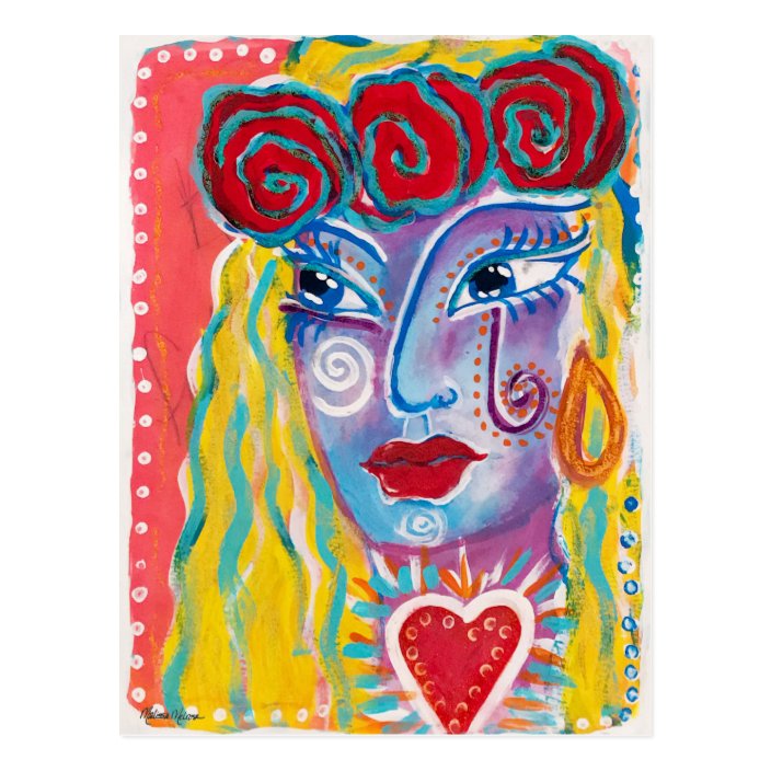 Mexican Folk Inspired Colorful Woman Whimsical Art Postcard
