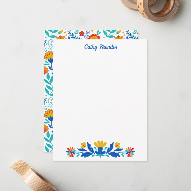 Mexican Folk Pattern Floral Personalized Name Note Card (Front/Back In Situ)