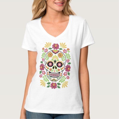 Mexican Folk Sugar Skull and Roses T_Shirt