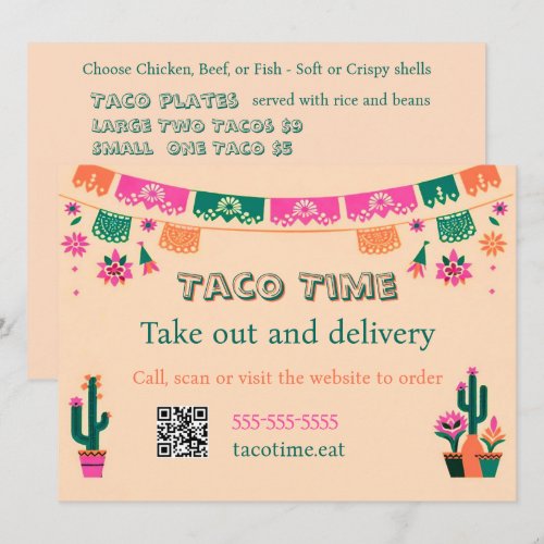 Mexican Food Taco Takeout or Delivery Flat Menu