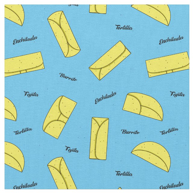 Mexican Food Tortilla, Burrito, Enchilada Pattern Fabric (Close Up)