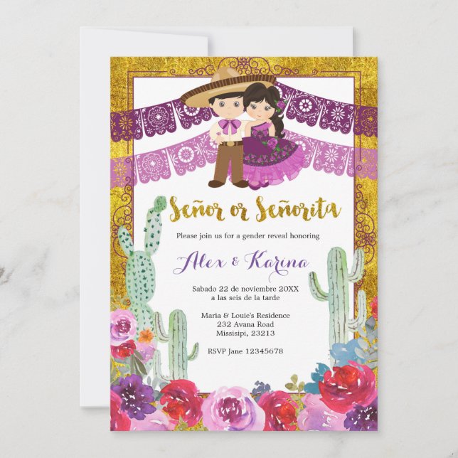Mexican Gender Reveal Purple Cactus Floral Invitation (Front)