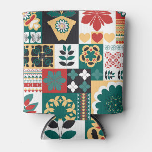 Mexican Geometric: Red Green Ornament. Can Cooler