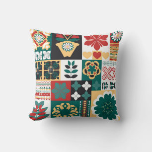 Mexican Geometric: Red Green Ornament. Throw Pillow