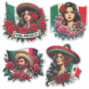 Mexican Girl and man sombrero mexico Flag art  Sticker