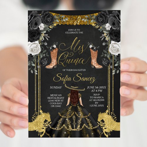 Mexican Girl Charra Mis Quince Black Invitation