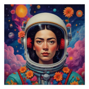 Mexican Girl in Space Frida Style  Glossy Poster