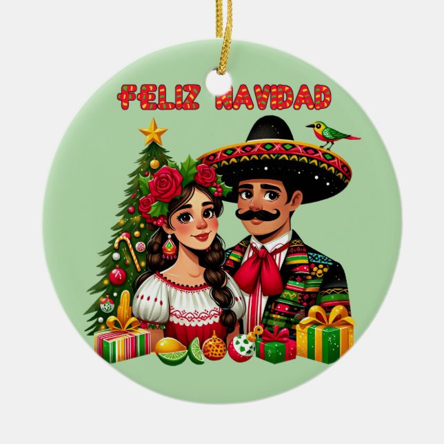 Mexican girl man christmas tree Feliz Navidad art Ceramic Ornament (Front)