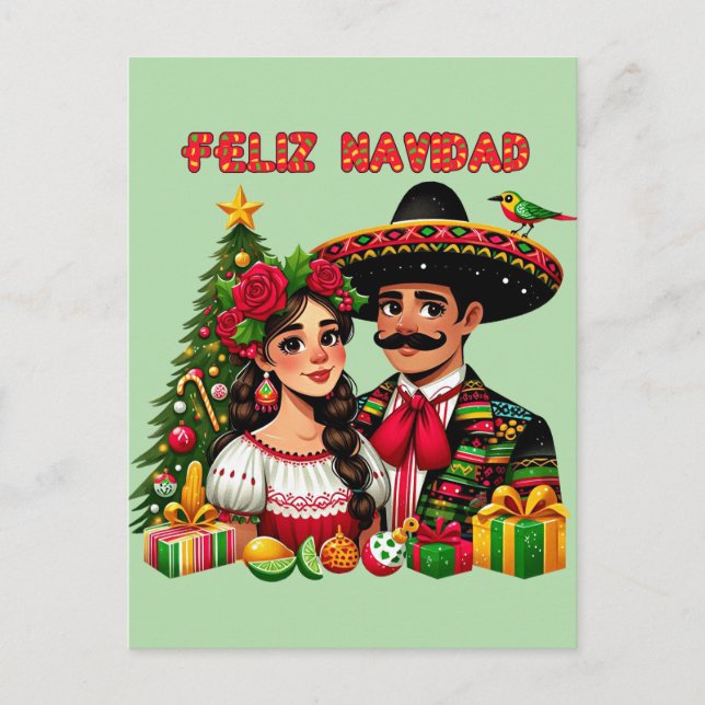 Mexican girl man christmas tree Feliz Navidad art Postcard (Front)