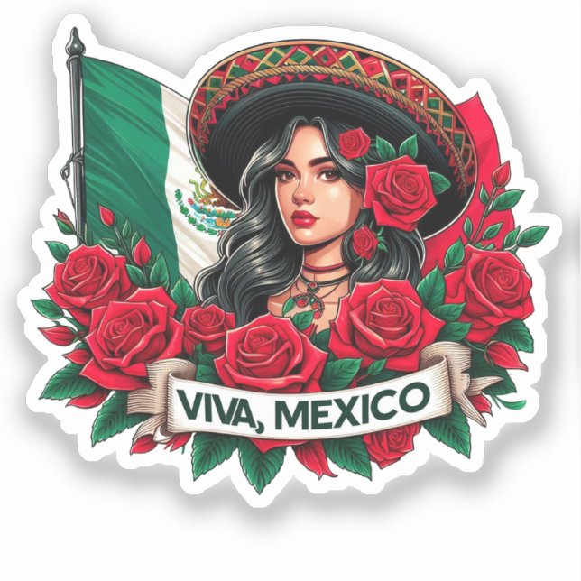 Mexican Girl Viva mexico Flag art illustration Sticker (Front)