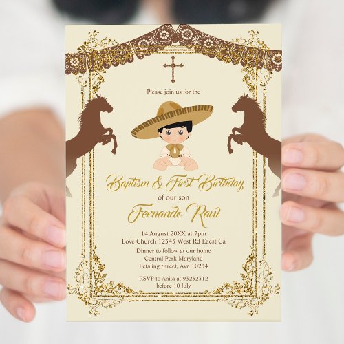 Mexican Gold  Brown Fiesta Boy Baptism Christening Invitation